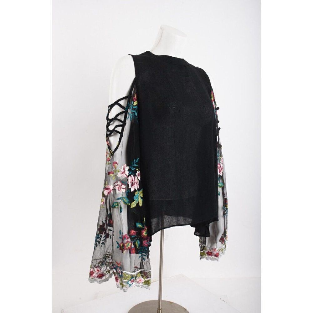 Umgee Womens Embroidered Shirt Blouse S Black Sheer Flared Long Sleeve NWT - Picture 2 of 6